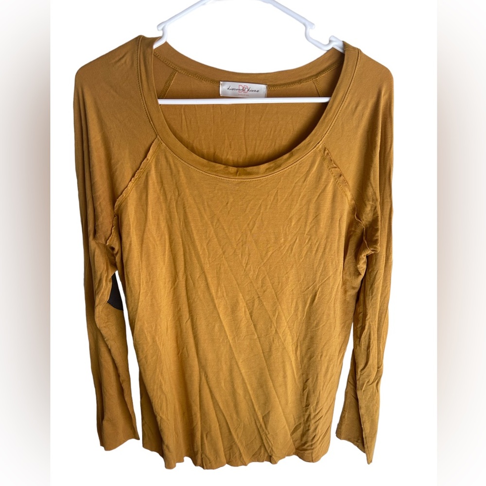 Discount Divas mustard yellow long sleeve soft shirt with elbow patches size L